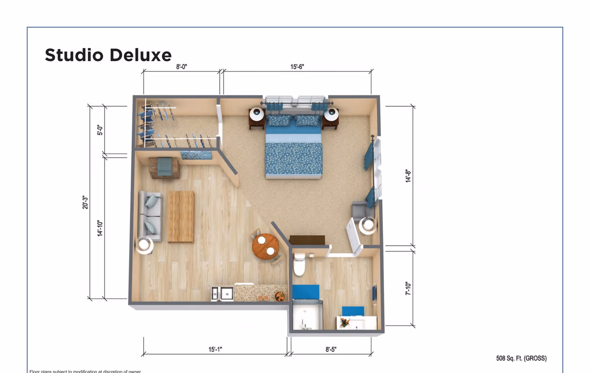 3D floor plan of a Studio Deluxe apartment showing a combined living and kitchen area with a sofa, coffee table, small dining table with two chairs, and a kitchenette. The bedroom area has a bed with two nightstands and lamps, and a small sitting area with a chair and lamp. There is a walk-in closet and a bathroom with a shower, toilet, and sink. Dimensions of each area are marked around the layout.