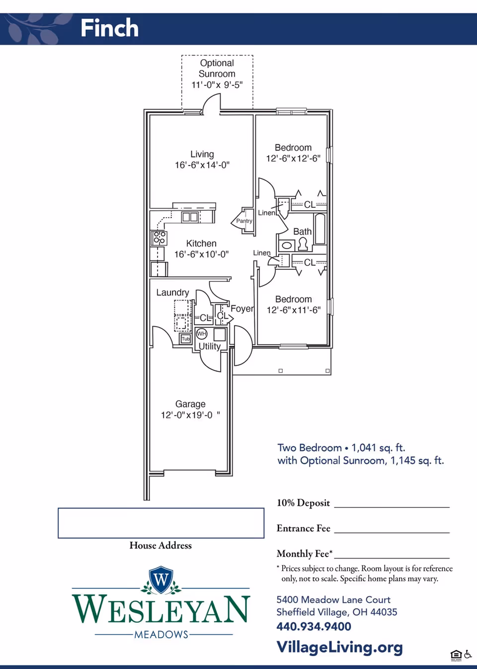 Floor plan of a two-bedroom apartment named Finch at Wesleyan Meadows, showing a living room, kitchen, laundry, utility, foyer, bathroom, and garage. The living room has an optional sunroom. Dimensions for each room are provided. Contact information and pricing details are included at the bottom.