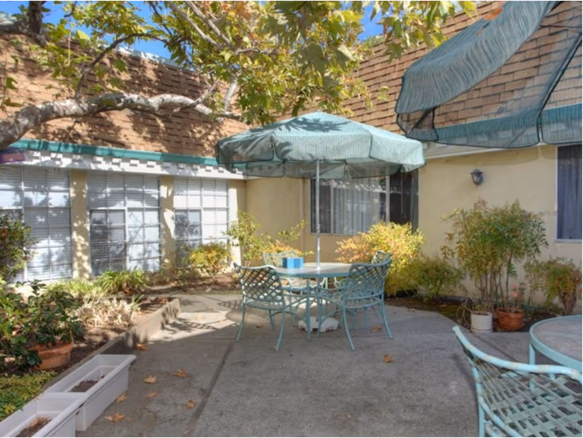 Outdoor patio area with metal table and chairs under a large green umbrella. Surrounding the patio are plants and shrubs, with windows and a brick wall in the background. The area is shaded by a tree with green leaves.
