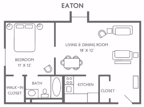 Floor plan labeled Eaton showing a bedroom with a walk-in closet, a bathroom, a kitchen, a living and dining room area, and an additional closet near the entrance.