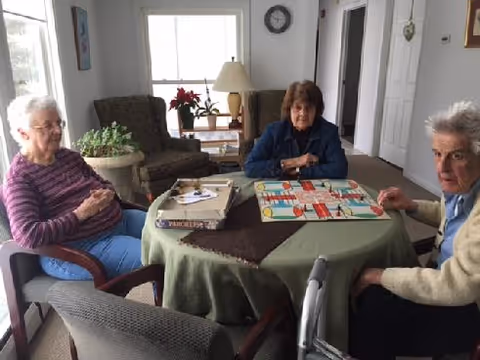 Three elderly women sitting around a round table playing a board game in a cozy living room with armchairs, a lamp, and a window with natural light.