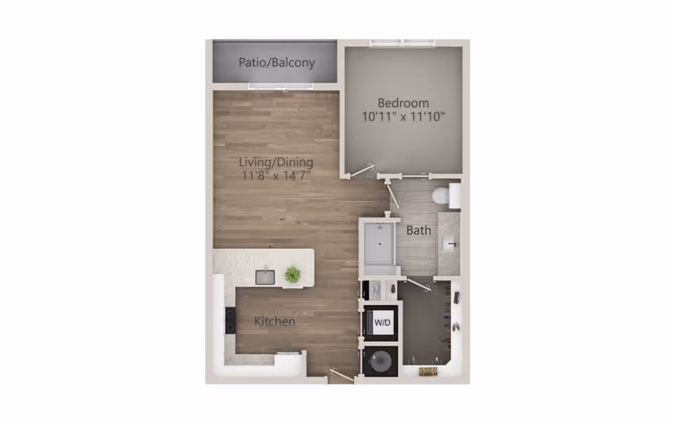 Floor plan of a one-bedroom apartment featuring a kitchen, living/dining area, bedroom, bathroom, washer/dryer area, and a patio/balcony.