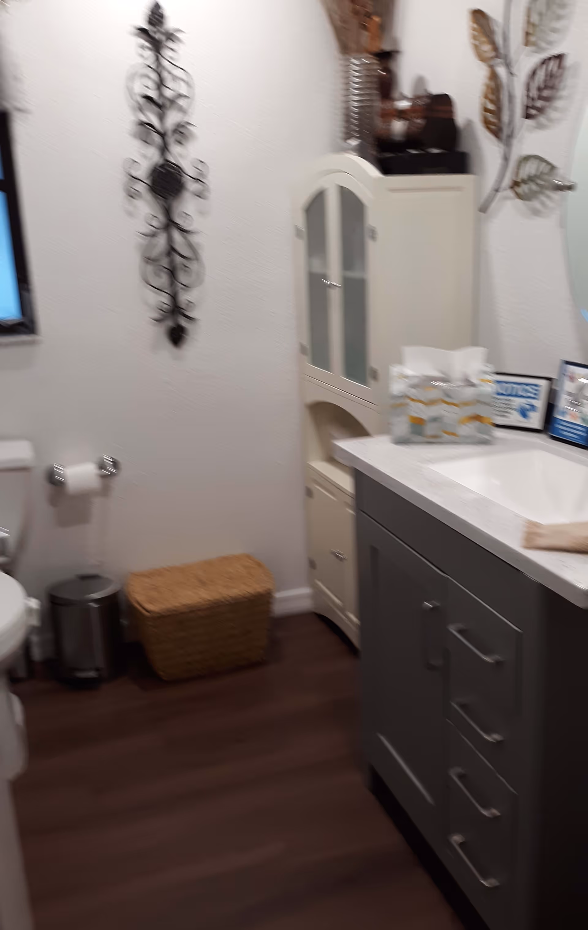 A small bathroom with a white toilet, a toilet paper holder, a small trash can, and a wicker basket on the floor. There is a gray vanity with a white countertop and a sink. On the countertop, there are tissue boxes and some framed pictures. A white cabinet with glass doors is positioned against the wall. Decorative metal wall art is hanging on the white walls.