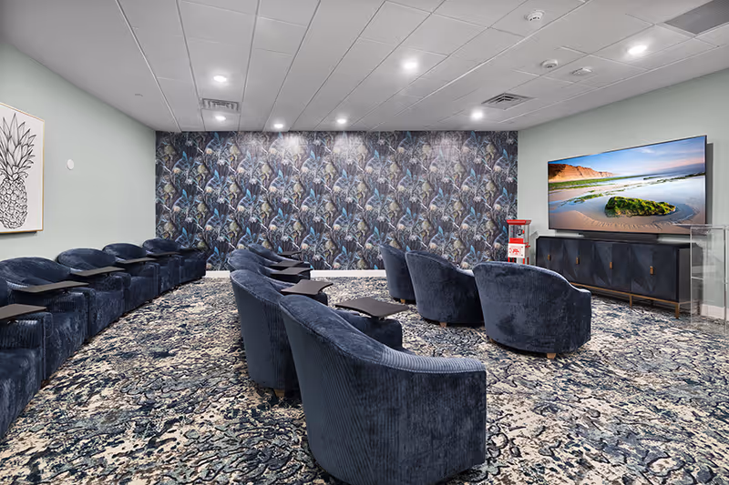 A carpeted media room with rows of plush blue chairs facing a large wall-mounted TV and a patterned accent wall.