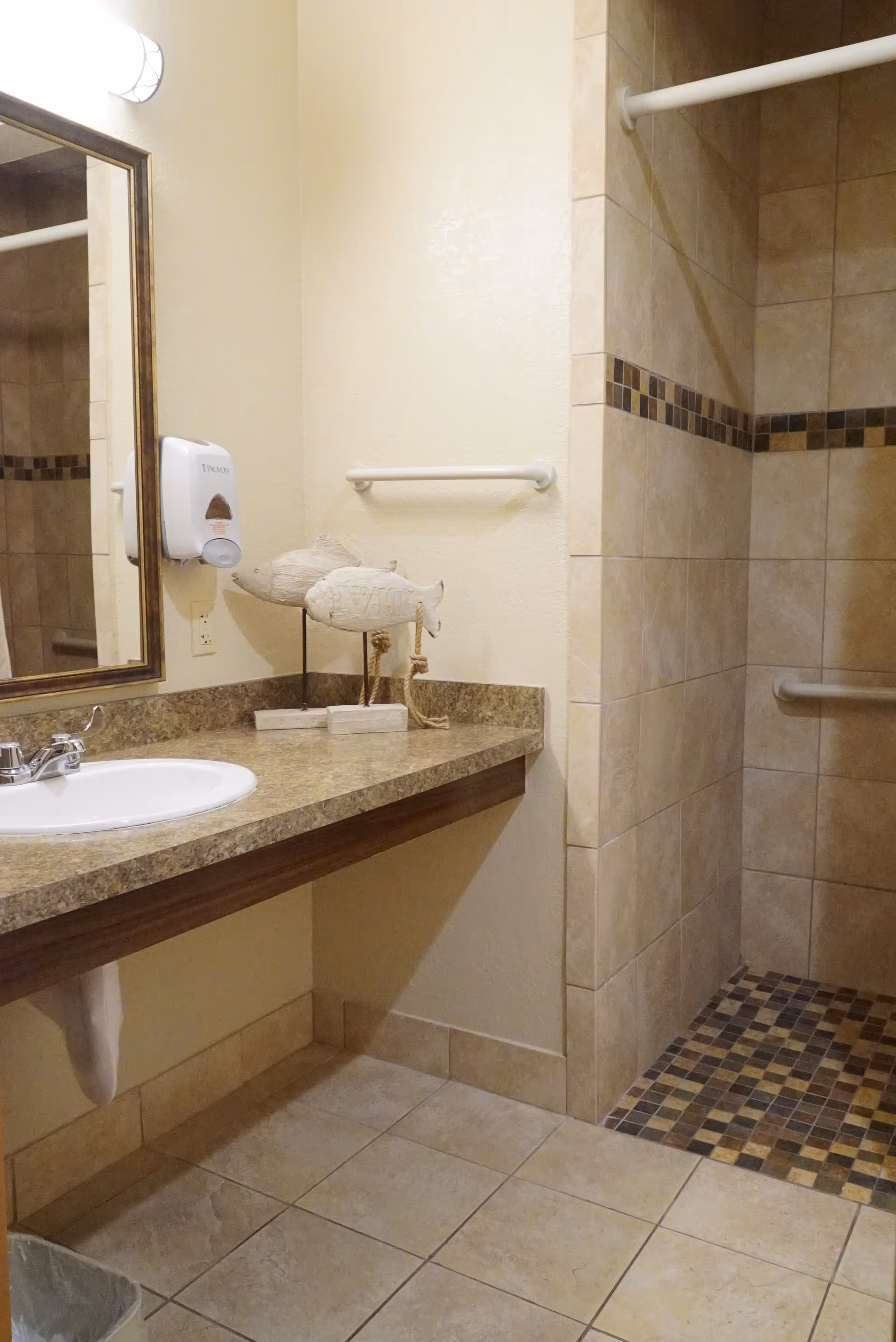 Accessible bathroom with a sink and countertop, wall-mounted soap dispenser and decorative bird sculptures, and a tiled roll-in shower with grab bars.