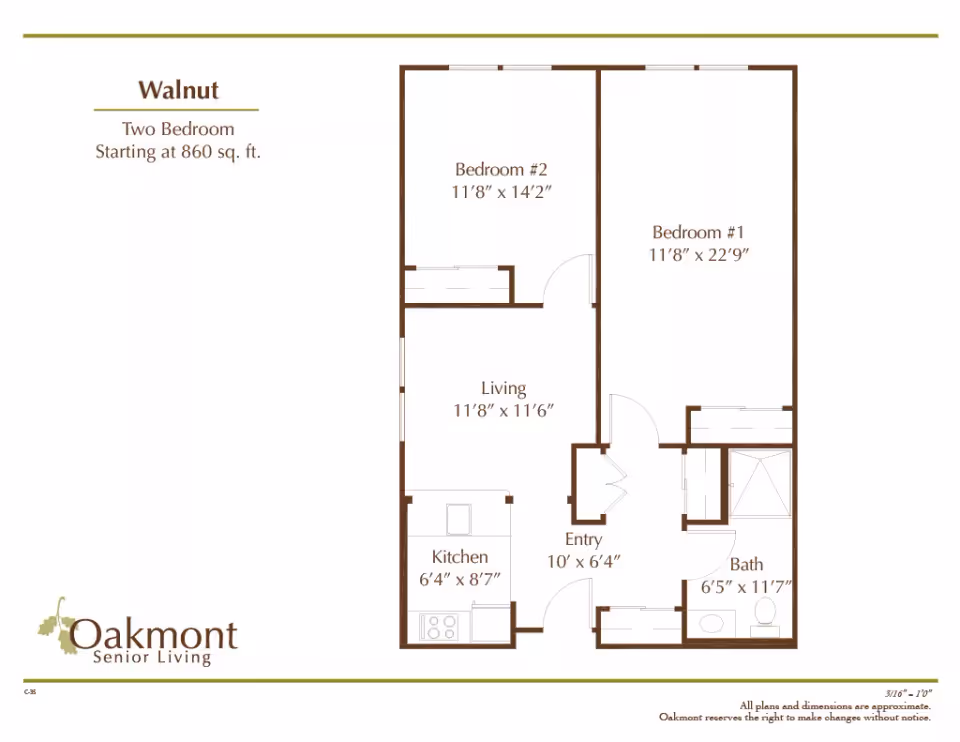 Floor plan of a two-bedroom apartment named Walnut at Oakmont Senior Living, showing dimensions for two bedrooms, living room, kitchen, entry, and bathroom.