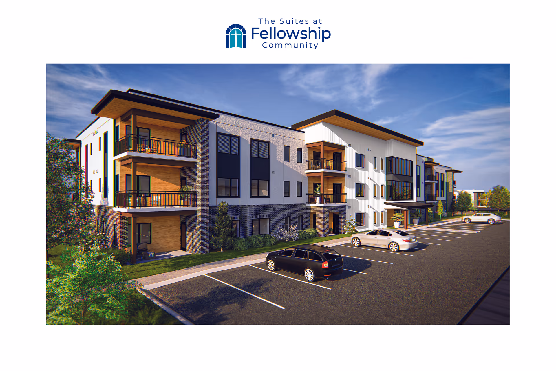 Exterior view of a modern three-story senior living building with balconies, large windows, and a parking lot with several cars parked. The building is surrounded by greenery under a blue sky with some clouds.