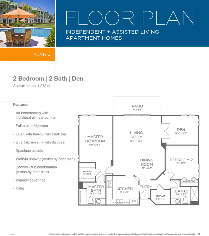 Graphic showing a floor plan for a 2-bedroom, 2-bath plus den apartment with a features list and a small photo of the community pool.