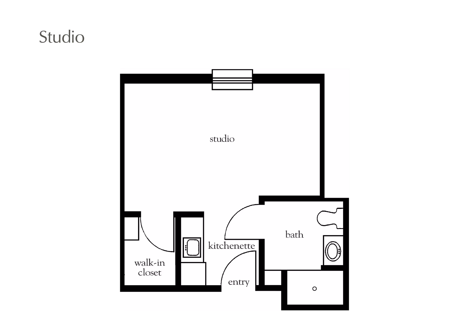 Black-and-white floor plan of a studio apartment showing a main studio area, kitchenette, entry, bath, and walk-in closet.