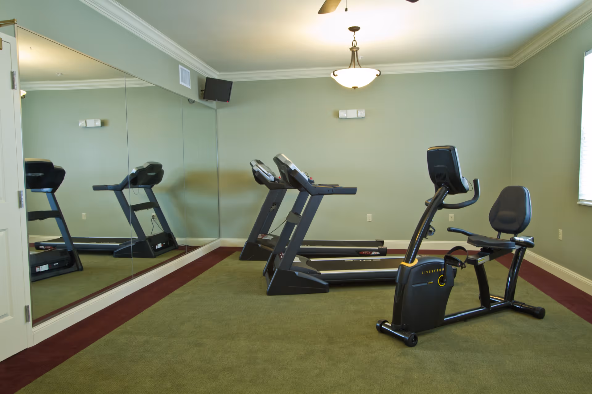 A small fitness room with two treadmills and a recumbent exercise bike on green carpet with a maroon border. One wall is covered with large mirrors, and there is a small wall-mounted TV in the corner. The walls are painted light green, and a ceiling light fixture is visible.