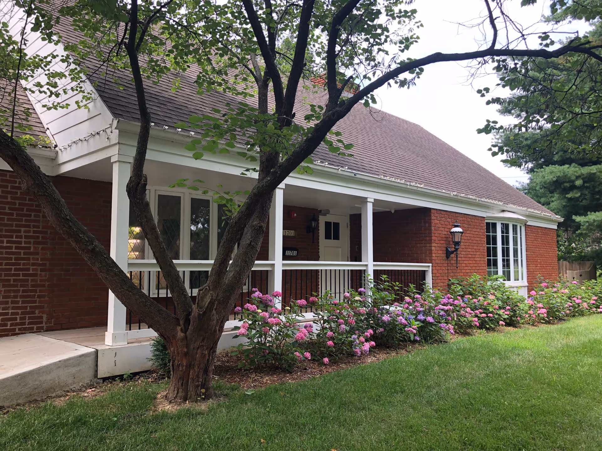 Front exterior of a single-story brick home with a covered porch, flowering shrubs and a tree in the yard.
