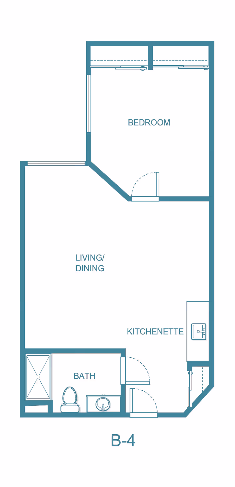 Floor plan labeled B-4 showing a layout with a bedroom, living/dining area, kitchenette, and a bathroom with a shower, toilet, and sink.