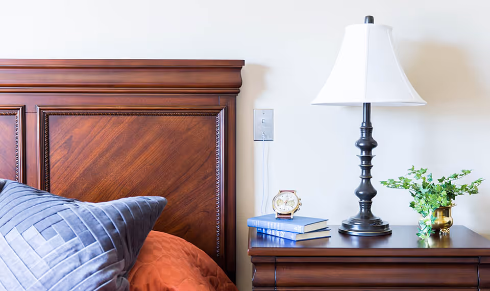 Close-up of a wooden headboard with a blue pillow and orange bedding. Next to the bed is a wooden nightstand with a black lamp with a white lampshade, two stacked books, a small clock, and a small green plant in a gold pot.