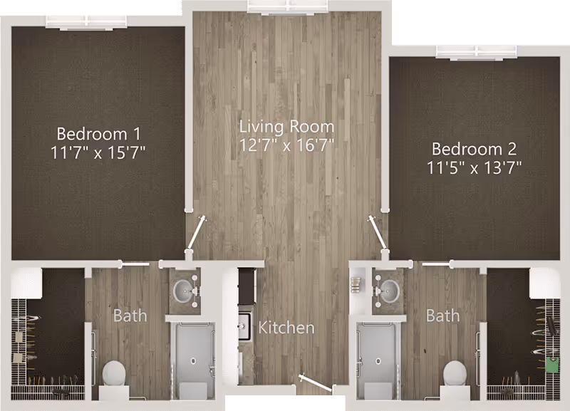 Top-down floor plan of a two-bedroom apartment showing Bedroom 1 and Bedroom 2, a central living room, kitchen, and two baths.