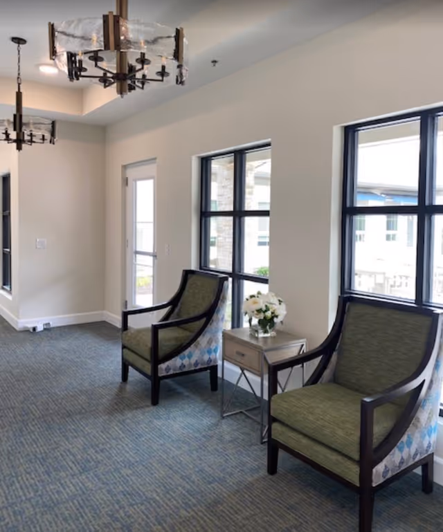 A bright interior seating area with two green cushioned armchairs separated by a small wooden side table holding a vase of white flowers. The room has large windows with black frames letting in natural light, light-colored walls, blue patterned carpet, and two modern chandeliers hanging from the ceiling.