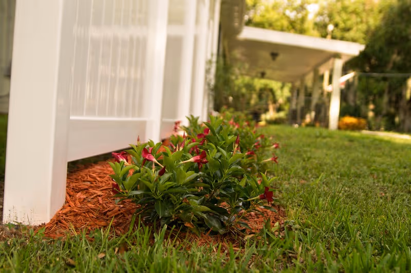 Close-up view of a garden bed with green plants and red flowers next to a white fence, with a grassy lawn and a covered patio area in the background.