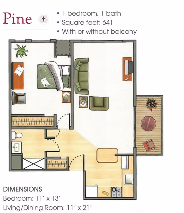 Floor plan of a one-bedroom, one-bath apartment named Pine, with 641 square feet and optional balcony. The layout includes a bedroom with a bed, nightstand, and chair; a living room with sofa, armchair, and TV; a kitchen with appliances and a small dining table; a bathroom; and a balcony with outdoor furniture. Dimensions are 11 feet by 13 feet for the bedroom and 11 feet by 21 feet for the living/dining room.