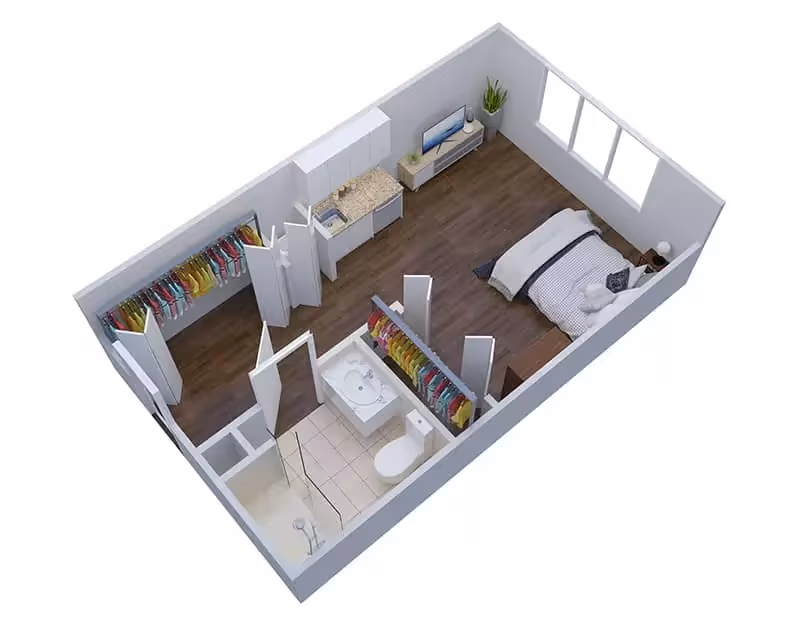 3D floor plan of a studio apartment featuring a sleeping area with a bed and nightstand, a kitchenette with cabinets and a sink, a bathroom with a shower, toilet, and sink, and two closets with hanging clothes.