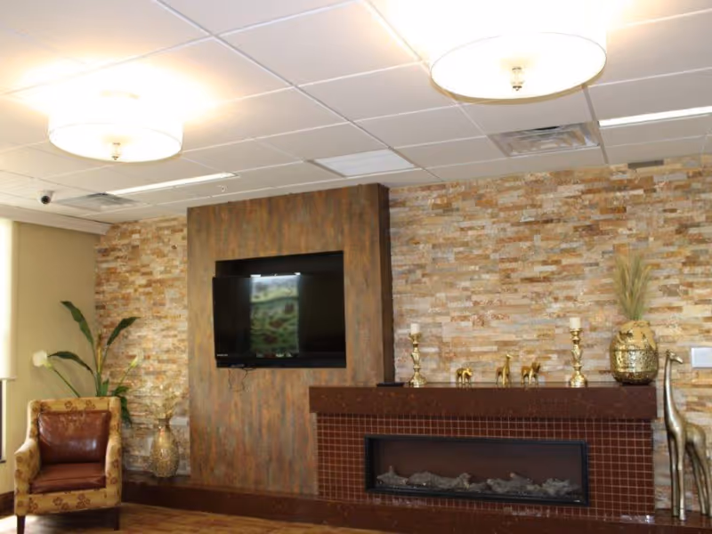 Cozy lounge area with a wall-mounted TV above a decorative fireplace, an upholstered armchair, plants, and a stone accent wall.