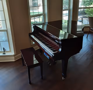 A black grand piano with a matching bench is placed on a wooden floor near large windows that let in natural light. Outside the windows, greenery is visible, and part of a chair is seen to the right.