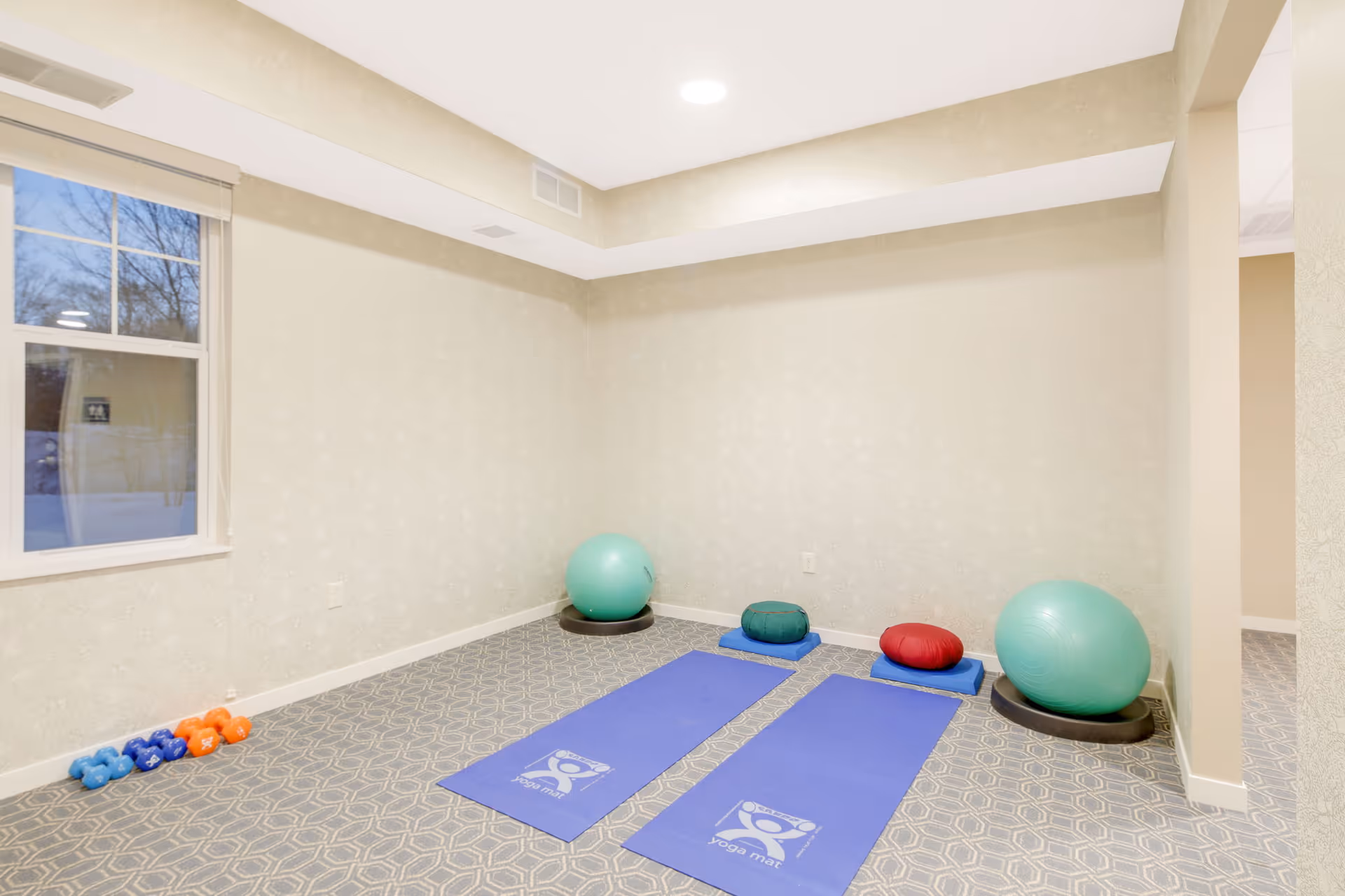A small exercise room with two blue yoga mats laid out on a patterned carpet. Each mat has a cushion and a small round pillow placed on it. There are two large green exercise balls on stands positioned against the walls. A set of colorful dumbbells is arranged on the floor near a window with a view of trees outside. The walls are light-colored and the ceiling has recessed lighting.