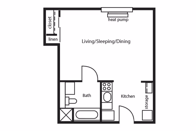 Architectural floor plan of a studio apartment at Mayfair Village Retirement Center, showing a combined living, sleeping, and dining area, a kitchen with stove and storage, a bathroom with bathtub and toilet, and closet and linen storage spaces.