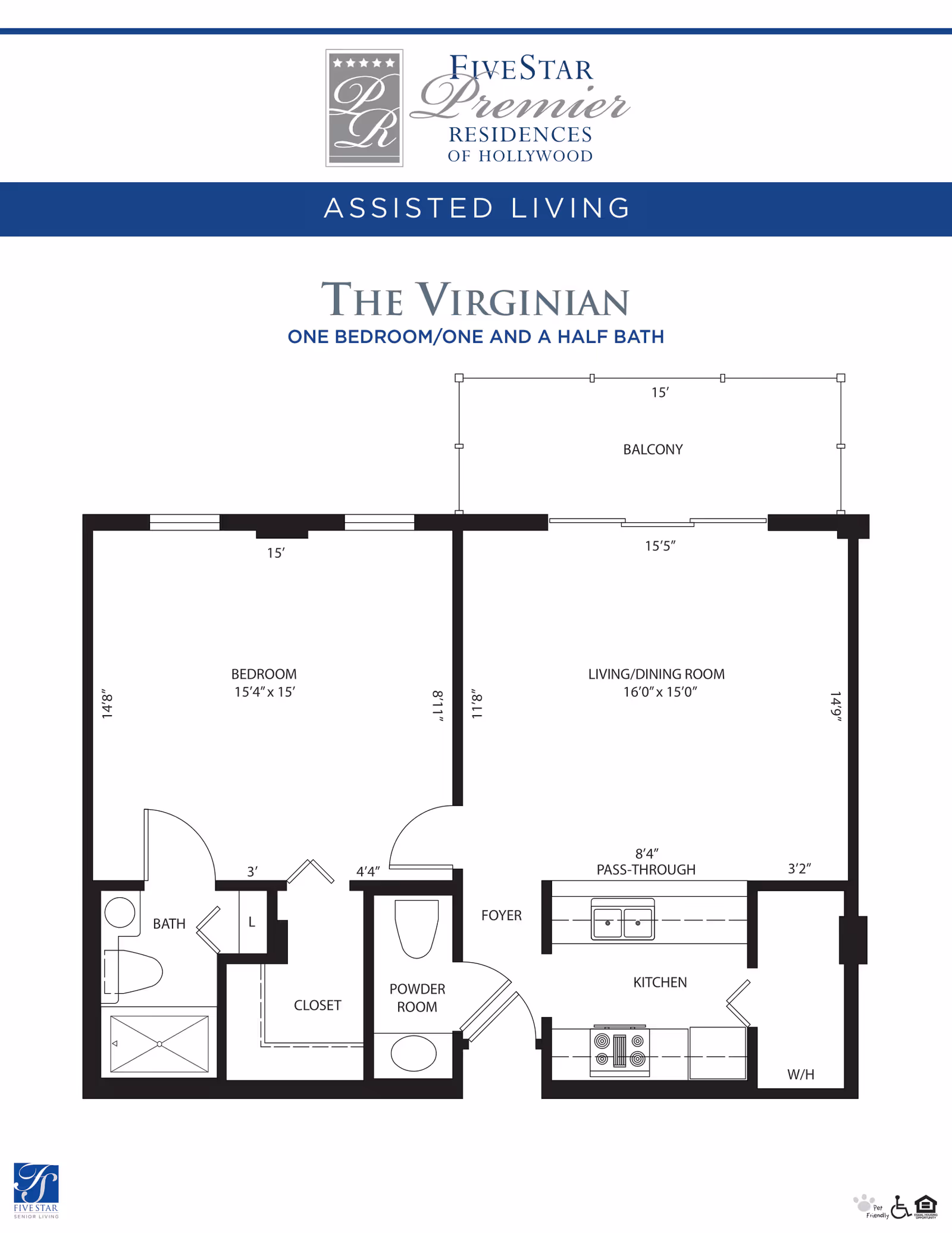 Floor plan of The Virginian, a one bedroom, one and a half bath assisted living apartment at Five Star Premier Residences of Hollywood. The layout includes a bedroom, bath, closet, powder room, foyer, kitchen with pass-through, living/dining room, and a balcony.