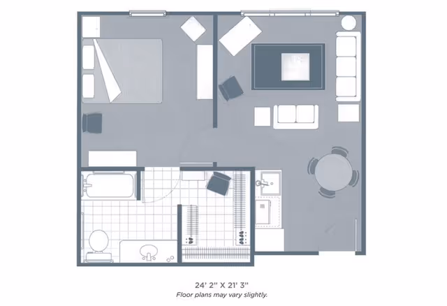 Architectural floor plan of a residential unit showing a bedroom with a bed and chair, a bathroom with a bathtub, toilet, and sink, a living room with sofas, chairs, a coffee table, and a round dining table with four chairs. The layout includes closets and a kitchen area with a sink and counter space.