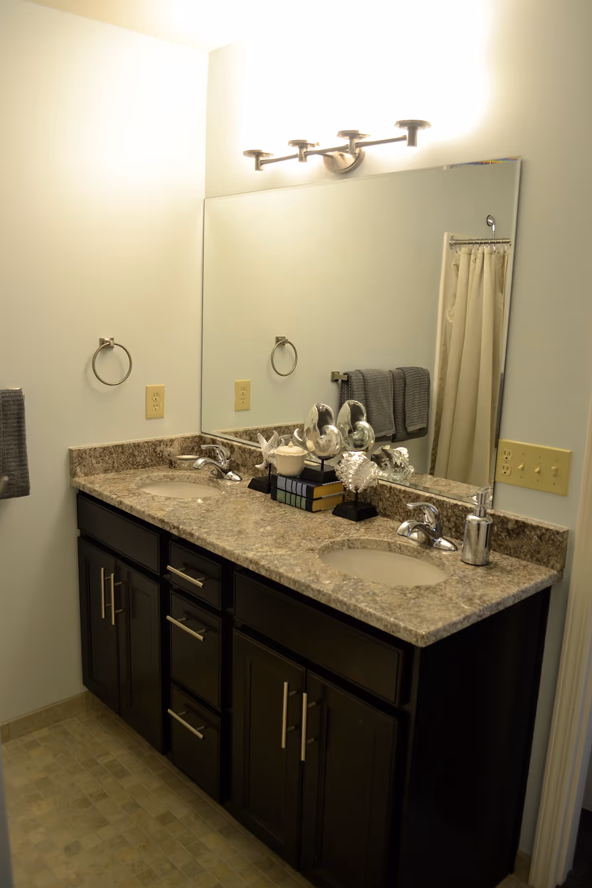 A bathroom vanity with a granite countertop featuring two sinks and chrome faucets. Above the vanity is a large mirror with a four-light fixture mounted on the wall. The vanity has dark wood cabinets and drawers. On the countertop, there are decorative items including a starfish, seashell sculptures, and a small container. A towel ring and towel rack with gray towels are mounted on the walls. A shower curtain is visible in the reflection of the mirror.