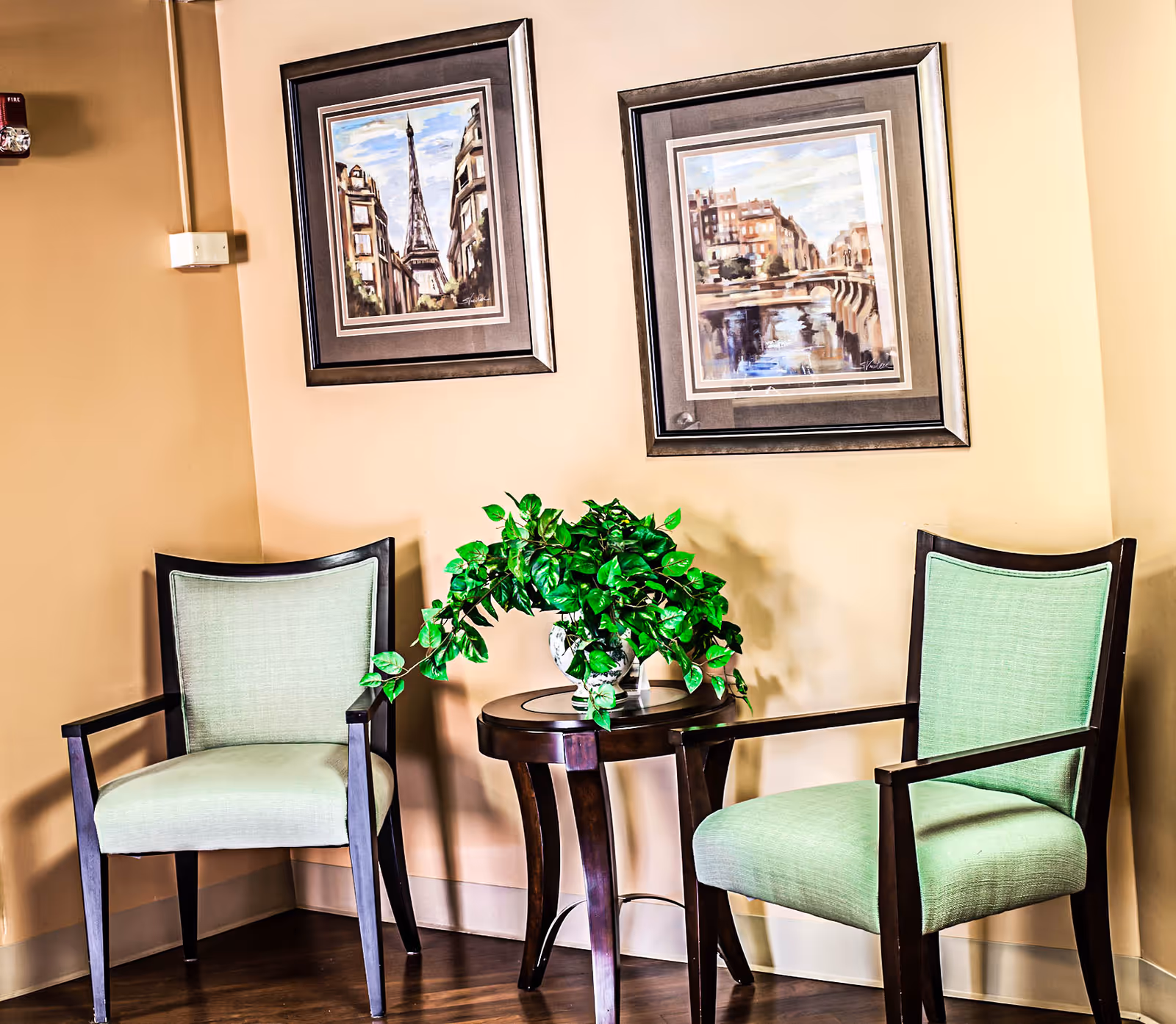 Two green cushioned chairs with dark wooden frames are placed on either side of a small round wooden table with a potted green leafy plant on top. The setting is against a beige wall with two framed paintings hanging above, one depicting the Eiffel Tower and the other a canal scene with buildings.