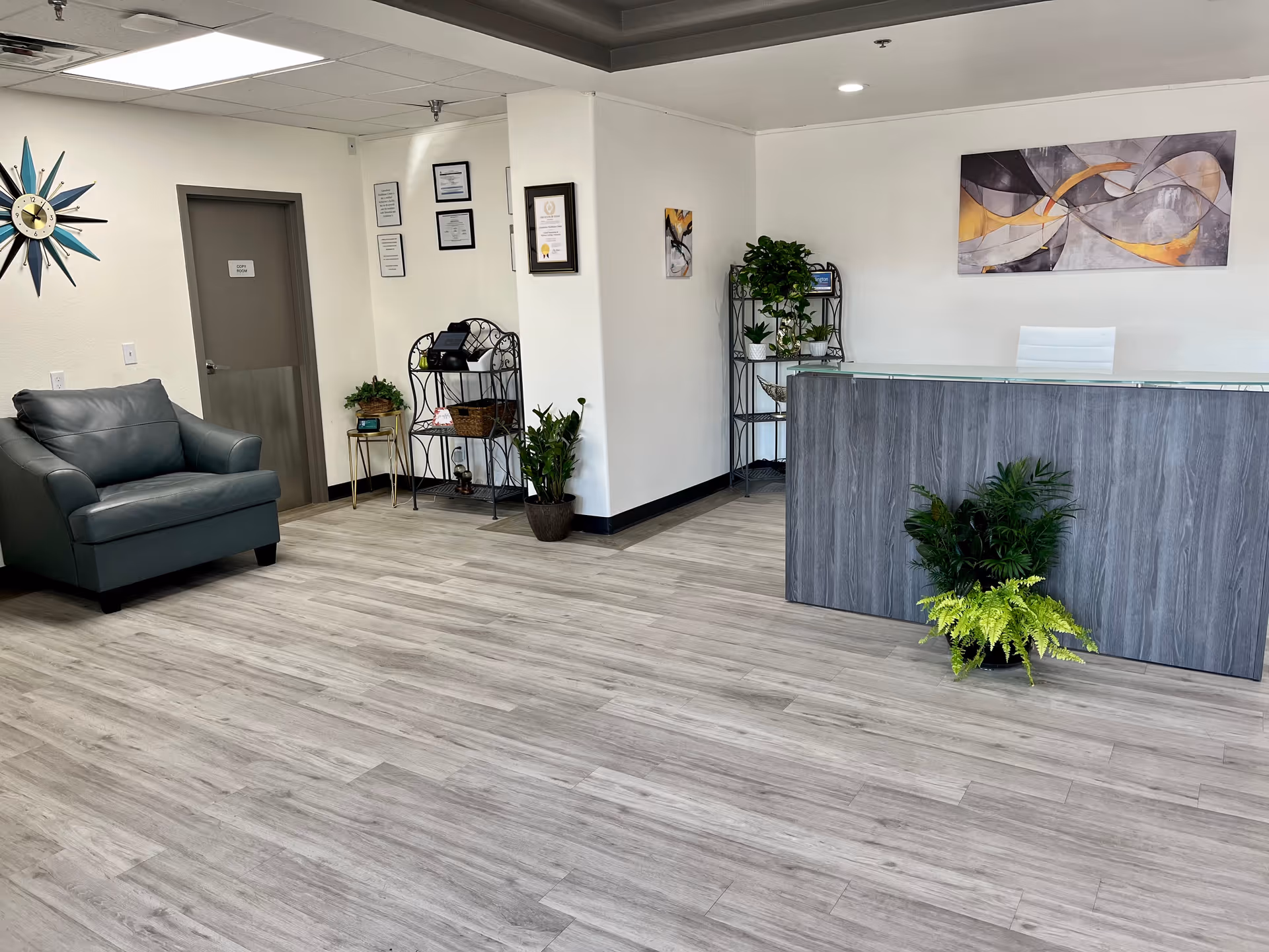 A clean and modern reception area with a gray armchair on the left, a gray wooden reception desk with a white chair behind it on the right, and several green plants placed around the room. The walls are white with framed certificates and abstract artwork. The floor has light gray wood-like flooring.
