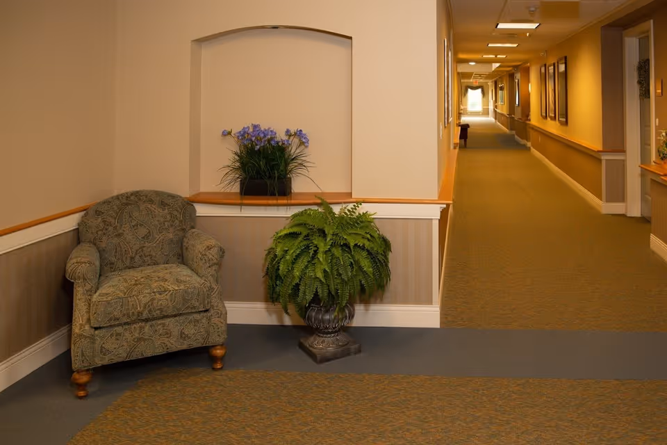 A quiet hallway in a senior living facility with beige walls and carpeted floors. On the left side, there is a patterned armchair next to a green potted fern. Above the chair, a recessed wall niche holds a pot of purple flowers. The hallway extends into the distance with framed pictures on the walls and soft lighting.