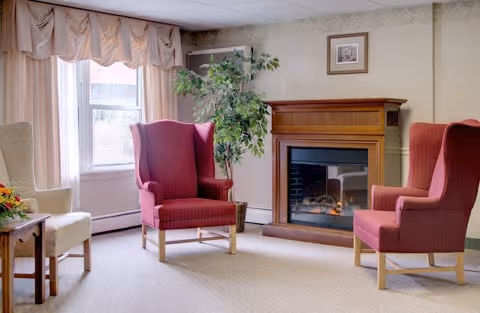 A cozy living room with two red upholstered wingback chairs facing a wooden electric fireplace. There is a large window with beige curtains allowing natural light to enter. A potted plant is placed next to the fireplace, and a framed picture hangs on the wall above it. A beige armchair and a small wooden side table with a flower arrangement are also visible.