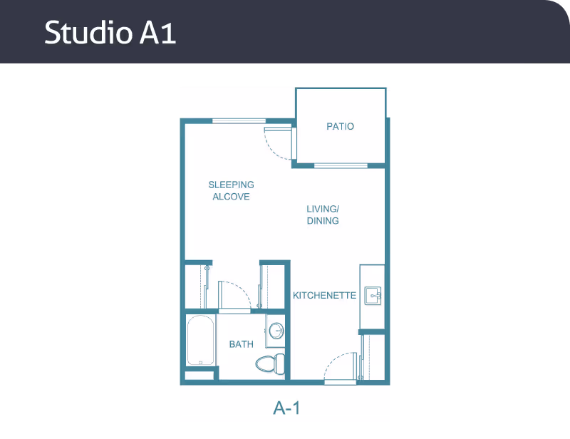 Floor plan of Studio A1 apartment at Holiday Warburton Place showing a sleeping alcove, living/dining area, kitchenette, bathroom, and a patio.