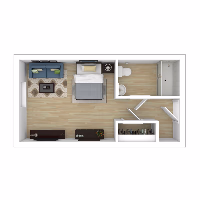 Top-down floor plan rendering of a studio apartment with a bed, sofa, TV console, closet and a bathroom with shower and toilet.