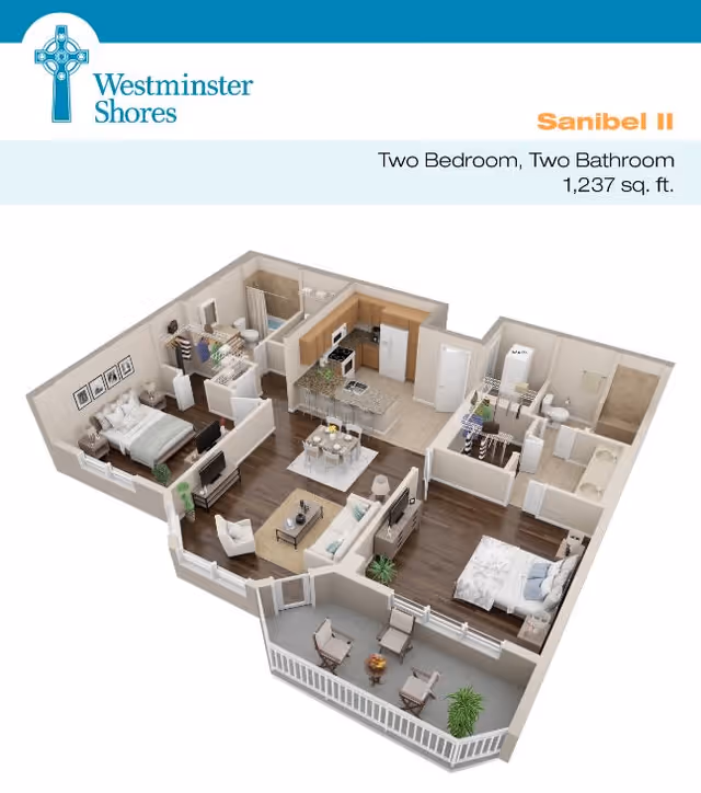 3D floor plan of a two-bedroom, two-bathroom apartment named Sanibel II at Westminster Shores, showing a living room with seating, a dining area, a kitchen with appliances, two bedrooms with beds and furniture, two bathrooms, and a balcony with chairs and a small table.