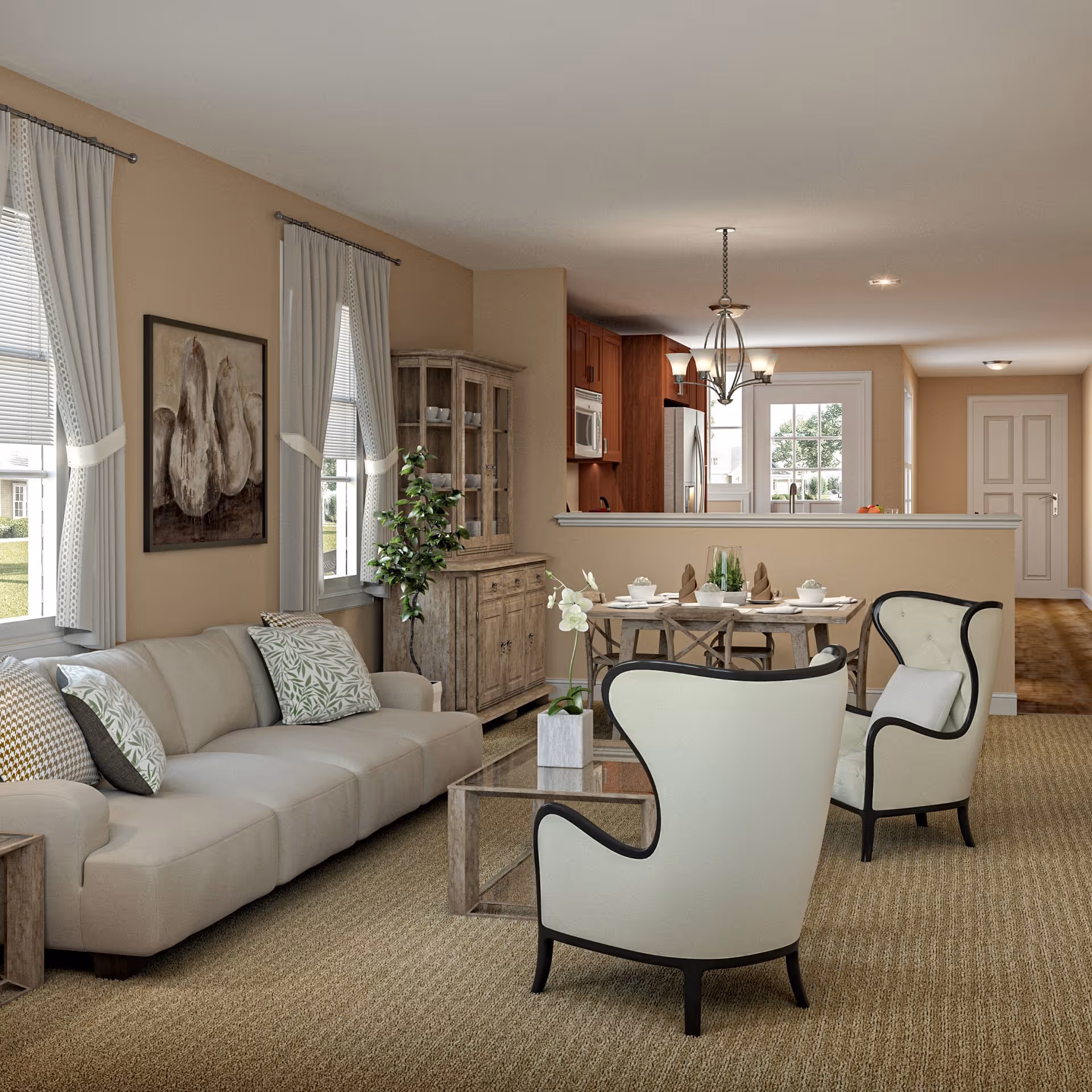 A cozy living room and dining area with beige walls and carpet. The living room features a beige sofa with patterned cushions, two cream-colored armchairs with dark frames, a glass coffee table with a white orchid plant, and a wooden cabinet with glass doors. The dining area has a wooden table set with bowls and napkins, and a chandelier hanging above. The kitchen is visible in the background with wooden cabinets, a microwave, and a refrigerator. Large windows with white curtains let in natural light.