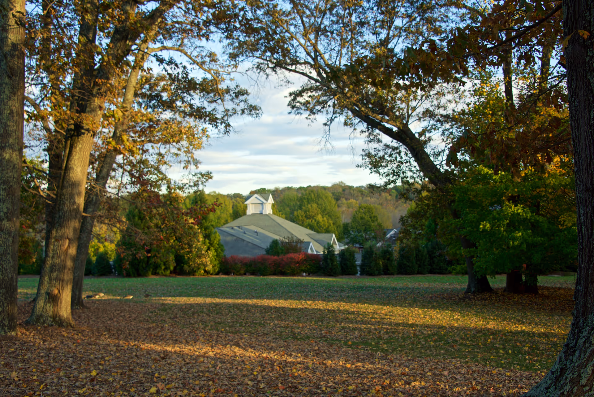 A scenic outdoor view of a retirement community with a large grassy area covered in fallen leaves, surrounded by tall trees with autumn foliage. In the background, a building with a gray roof and white cupola is partially visible, framed by green shrubs and trees under a partly cloudy sky.