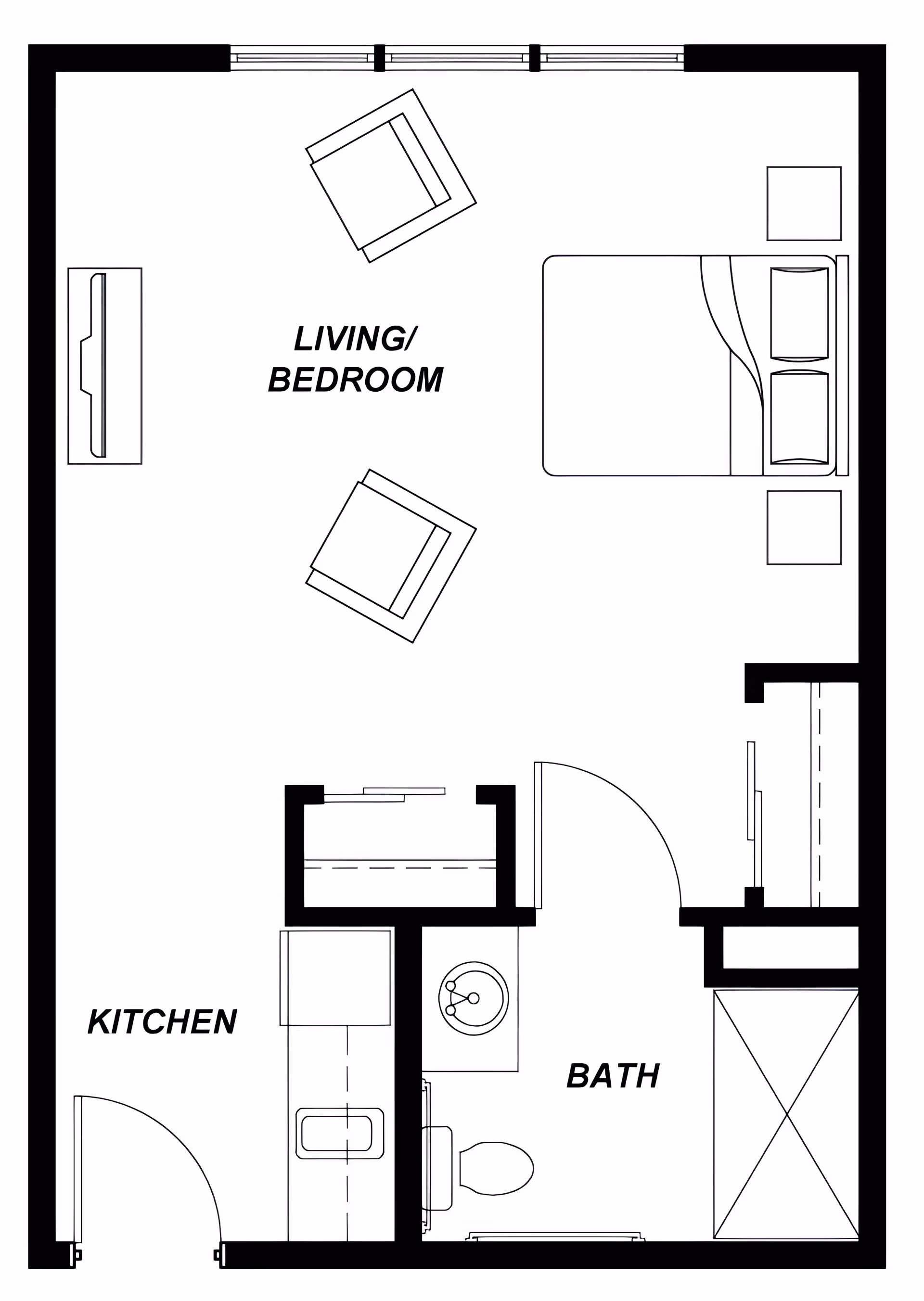 Floor plan of a small living space labeled Avamere at Hillsboro, showing a combined living and bedroom area with a bed, two chairs, a TV, and two small tables. The plan also includes a kitchen area with a sink and counter, and a bathroom with a toilet, sink, and shower.