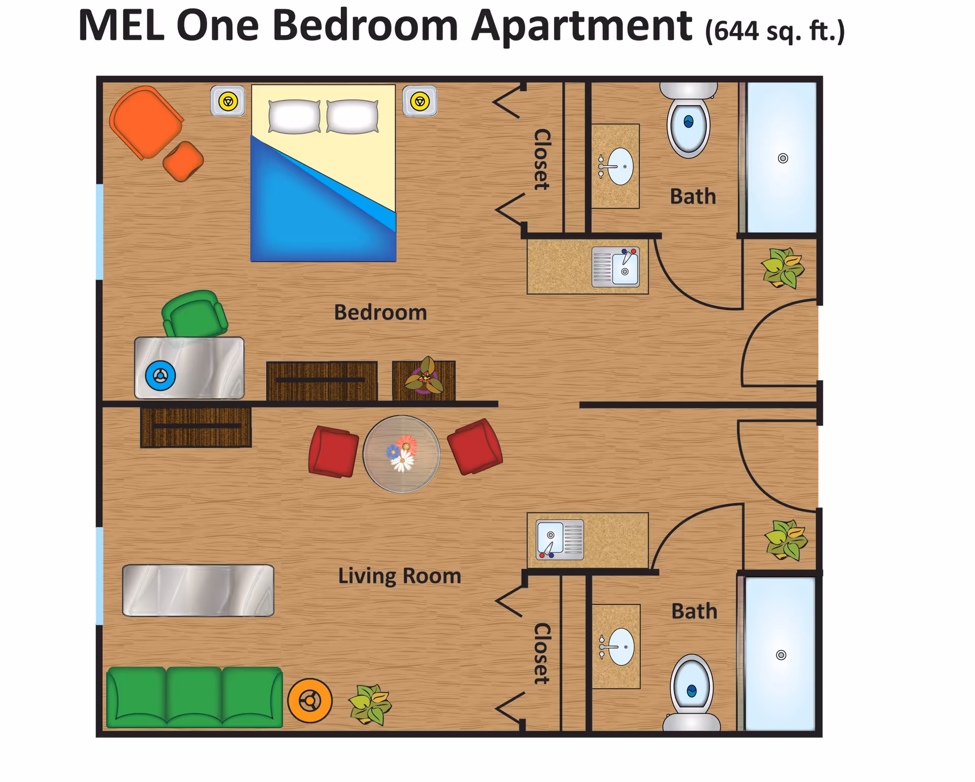 Floor plan of a one-bedroom apartment measuring 644 square feet, showing a bedroom with a bed, chair, and closet; a living room with sofa, chairs, and table; two bathrooms each with a sink, toilet, and bathtub; and closets near the bathrooms.