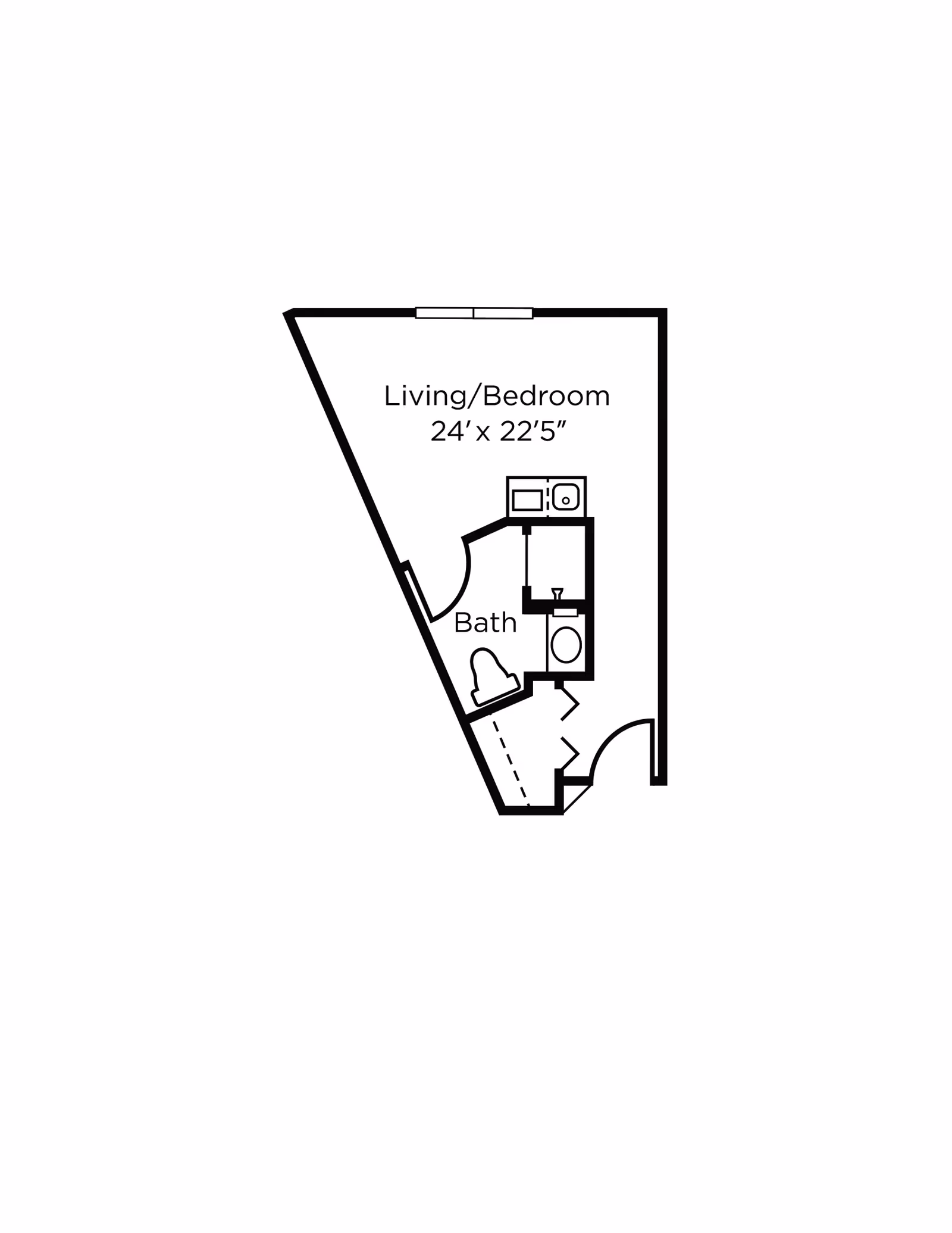 Floor plan layout showing a combined living and bedroom area measuring 24 feet by 22 feet 5 inches, with an adjacent bathroom including a toilet and sink.