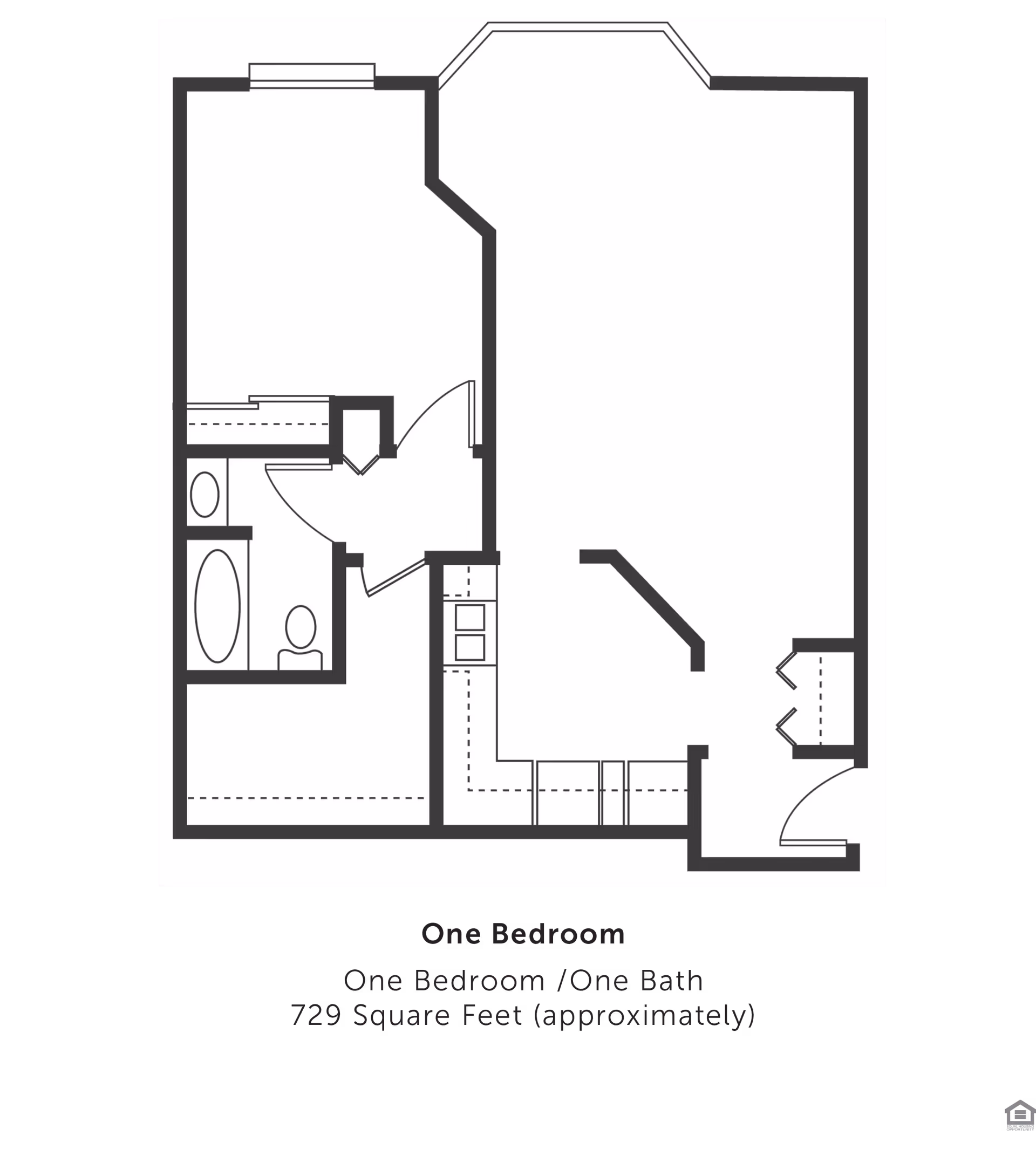 Architectural floor plan of a one-bedroom, one-bath apartment with approximately 729 square feet. The layout includes a bedroom, bathroom with bathtub and toilet, kitchen area, and living space.