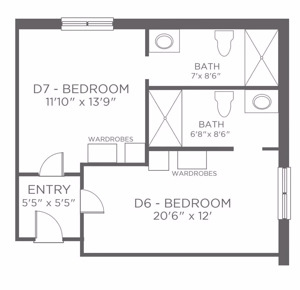 Floor plan showing two bedrooms labeled D7 and D6 with their dimensions, two bathrooms, wardrobes, and an entry area.