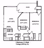 Floor plan of a 2 bedroom, 1.5 bath cottage with a total area of 1070 square feet. The layout includes a living room, dining area, kitchen, two bedrooms, one full bathroom, one half bathroom, and a patio.