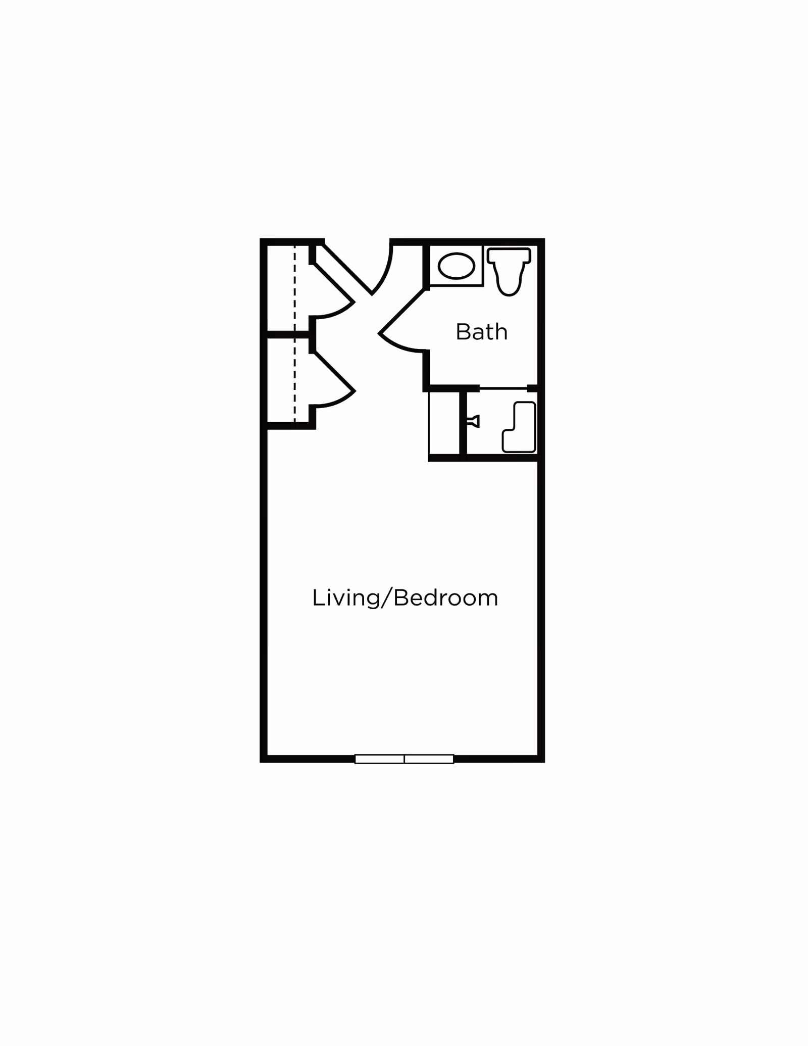 Floor plan layout showing a combined living and bedroom area, a bathroom with a toilet and sink, and closet space near the entrance.