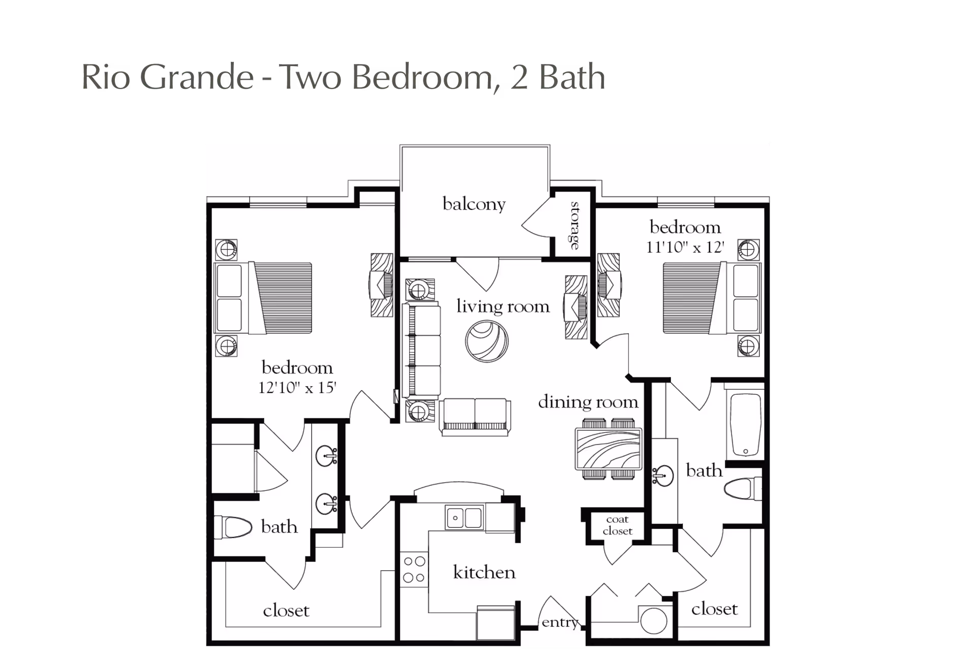 Floor plan of Rio Grande two-bedroom, two-bath apartment featuring two bedrooms, two bathrooms, a kitchen, dining room, living room, balcony with storage, coat closet, and entry area.