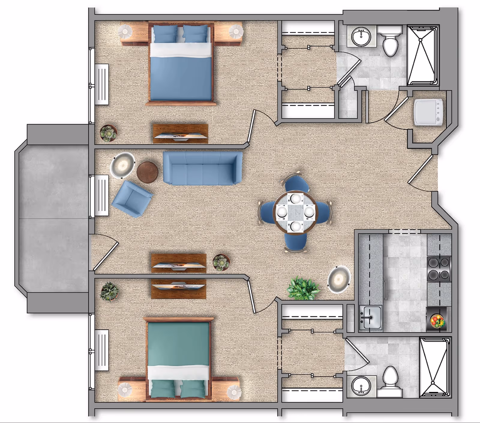 Floor plan of a senior living apartment at The Residences at Plainview by Chelsea Senior Living, featuring two bedrooms each with a bed, nightstands, and a dresser. The central living area includes a sofa, armchair, side tables, and a round dining table with four chairs. There is a kitchen with a sink, stove, and refrigerator, and two bathrooms each with a sink, toilet, and shower. The layout also includes closets and a small laundry area.