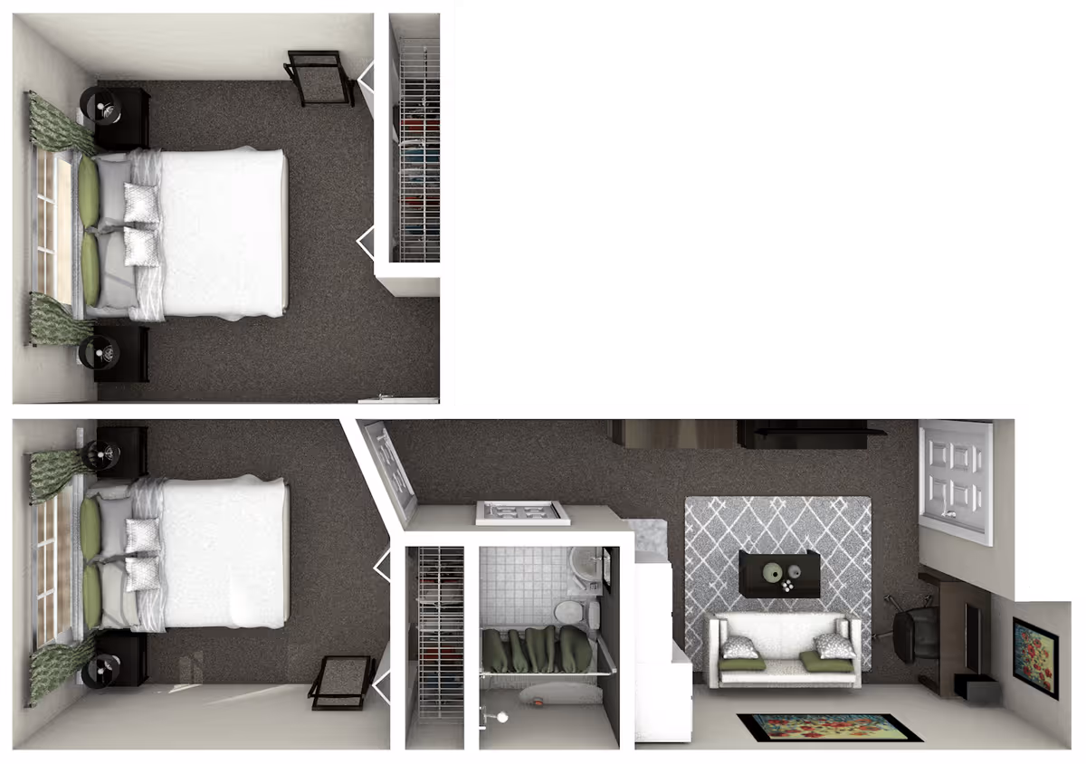 Top-down view of a senior living facility apartment layout showing two bedrooms each with a bed, nightstands, and windows with green curtains. The layout includes a bathroom with a shower, toilet, and sink, a living room with a couch, coffee table, TV, desk with a chair, and decorative rugs and artwork on the walls.
