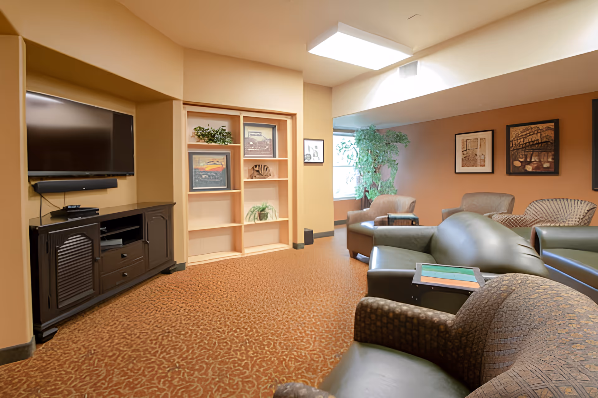 Comfortable senior living lounge with sofas and armchairs, a TV cabinet, built-in shelves and framed artwork.