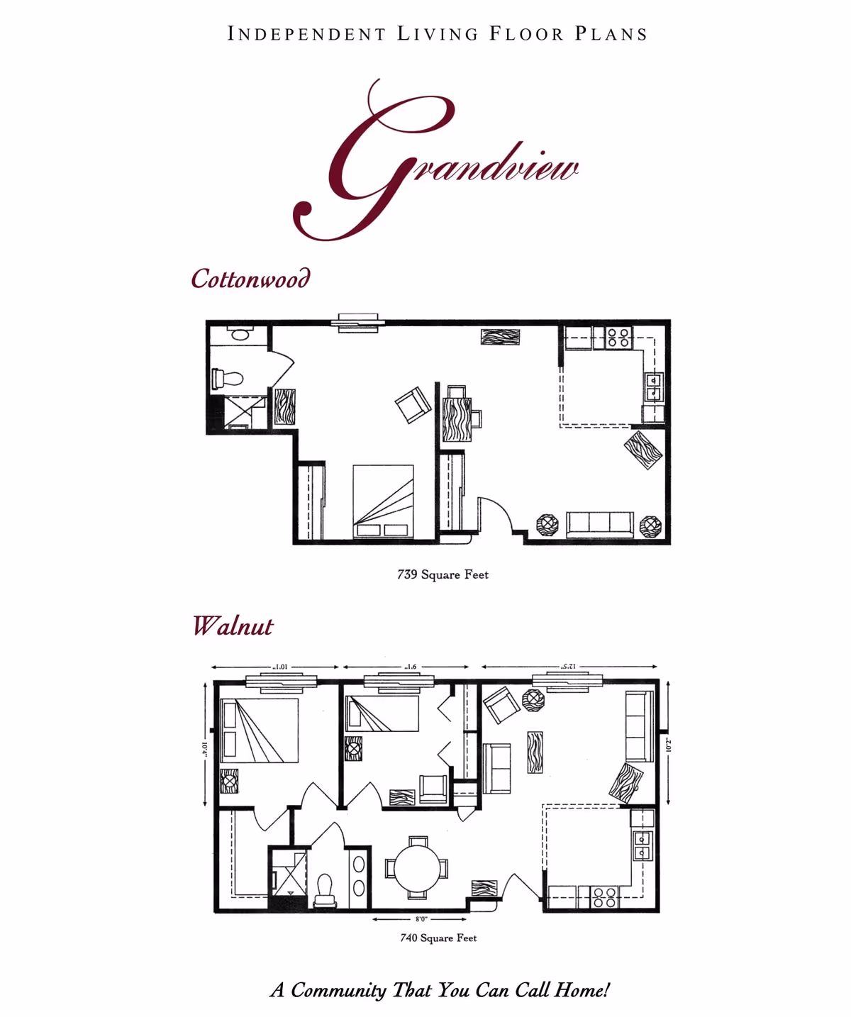 Floor plans for two independent living apartments at Grandview Assisted and Independent Living. The Cottonwood plan is 739 square feet with a bedroom, bathroom, kitchen, and living area. The Walnut plan is 740 square feet with two bedrooms, a bathroom, kitchen, dining area, and living room. Both layouts include furniture arrangements.